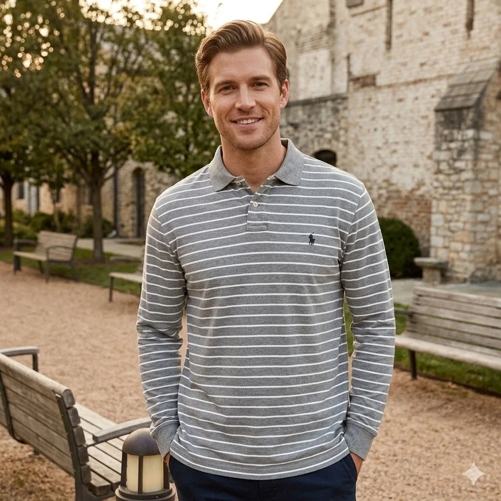 Polo Ralph Lauren Mens XXL Grey White Striped Long Sleeve Polo Shirt 100% Cotton
